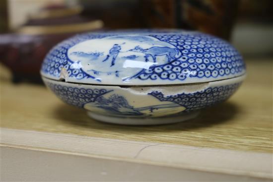 A Chinese blue and white seal paste box and cover, and other Oriental items